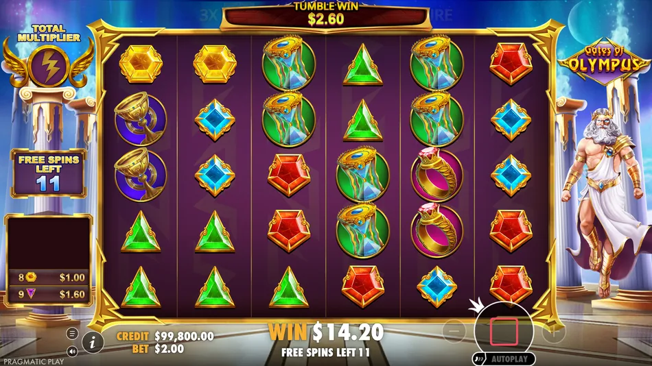 Running multiplier indicator on the Gates of Olympus Free Spins screen