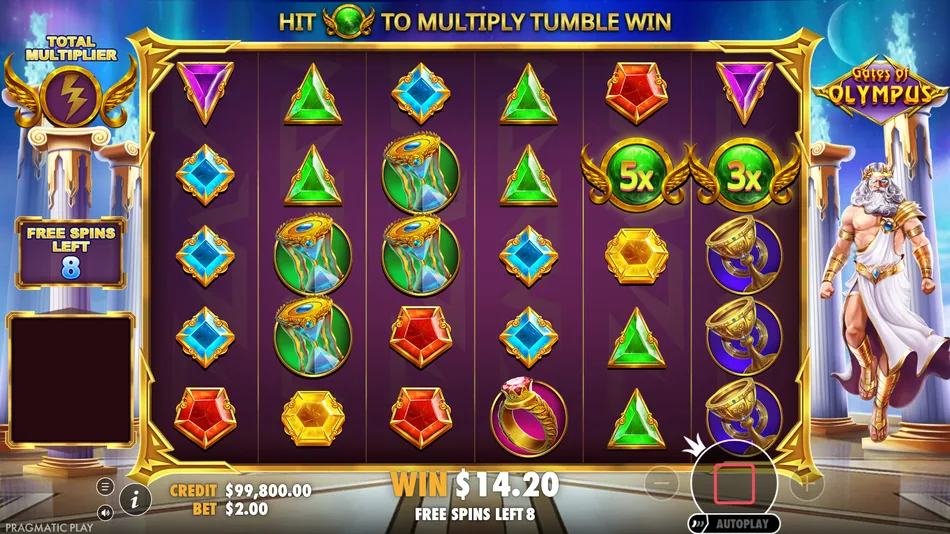 Gates of Olympus multiplier orb symbols with running total during Free Spins